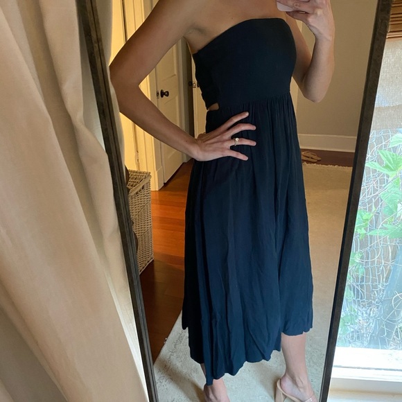 Navy Blue Strapless Linen Blend Midi Dress Tie Back Sz S - Picture 1 of 6